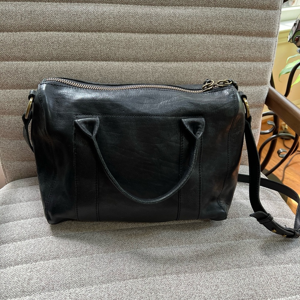 Madewell Prague Black Leather Satchel with Top Zip and Strap